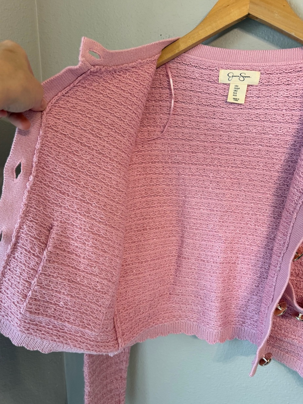 Jessica Simpson Pink Tweed Knit Cropped Button Up Sweater Women’s Size Small - Picture 5 of 7